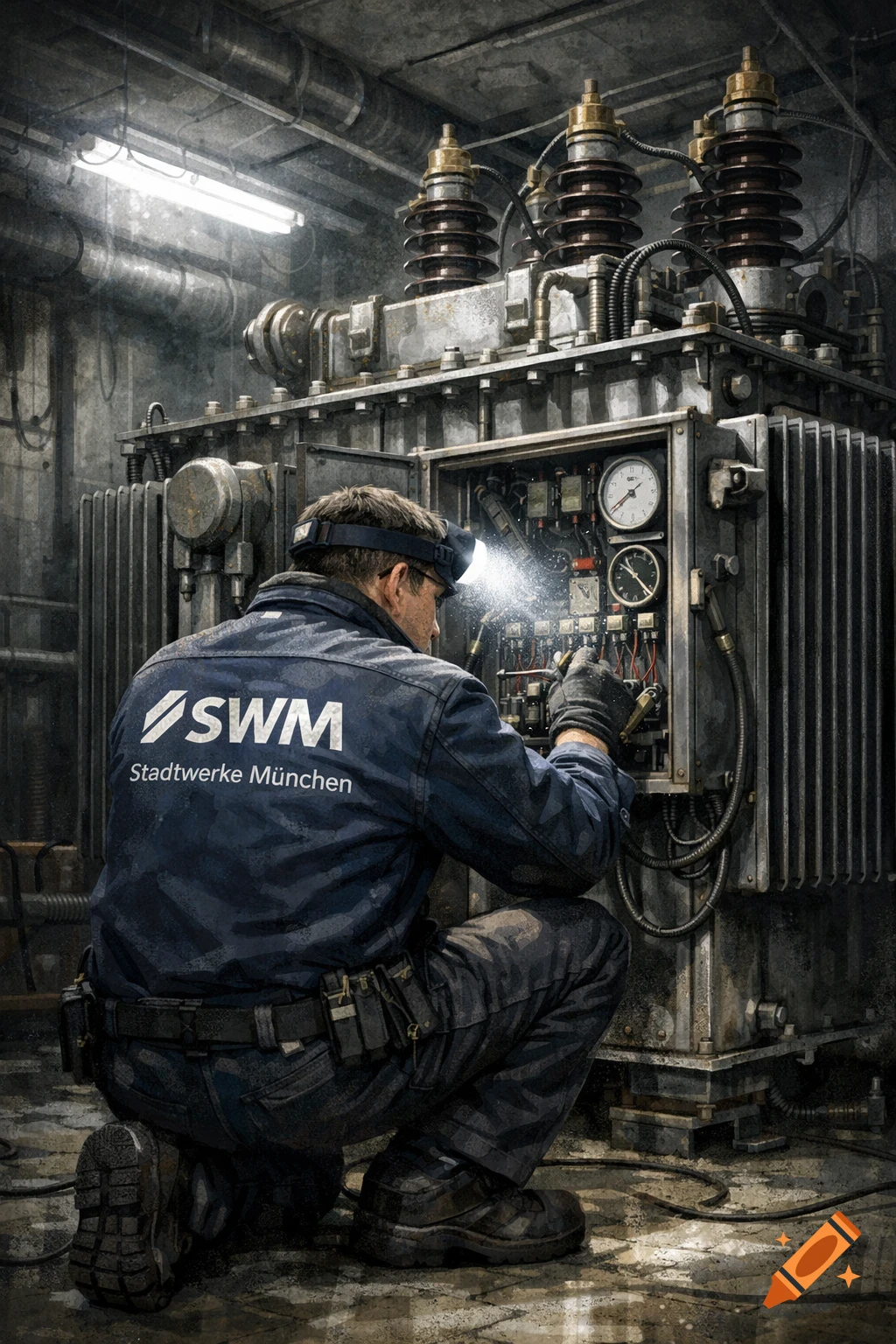 A photorealistic image of an engineer in a blue uniform with 'SWM Stadtwerke München' on the back, kneeling to work on a large industrial transformer in a dimly lit room.