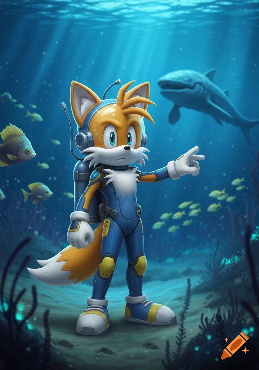 Tails the Fox in a blue and yellow scuba suit, pointing forward underwater, with a shark and fish in the background.