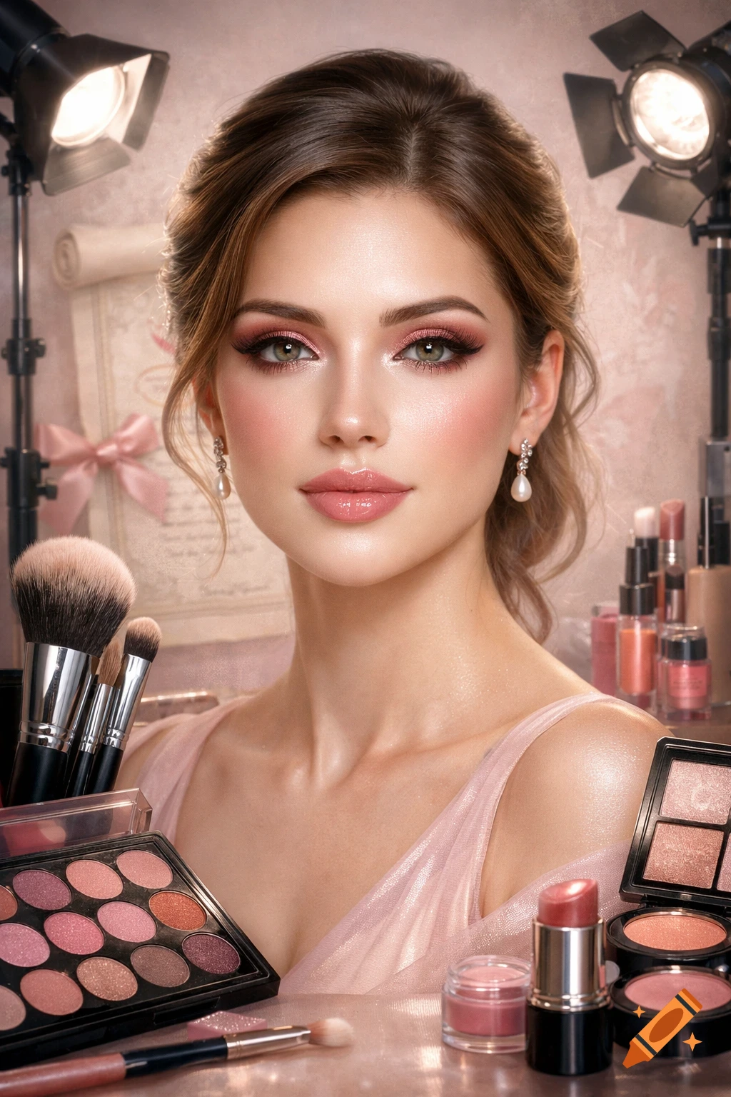 A beautiful woman with elaborate pink eye makeup, surrounded by various makeup products and studio lights.