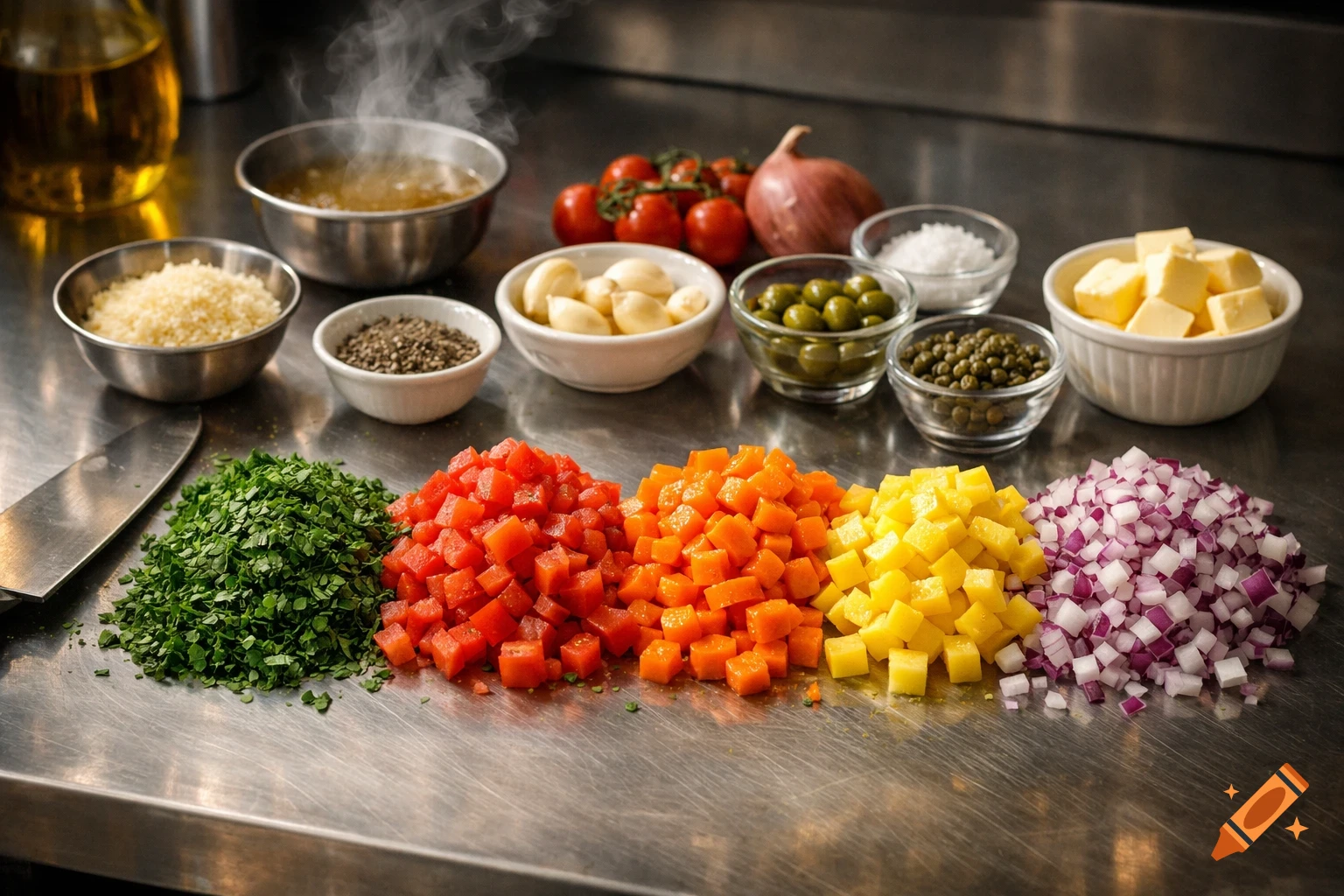 Chopped fresh vegetables, herbs, and other cooking ingredients like garlic, butter, and spices arranged on a stainless steel counter.