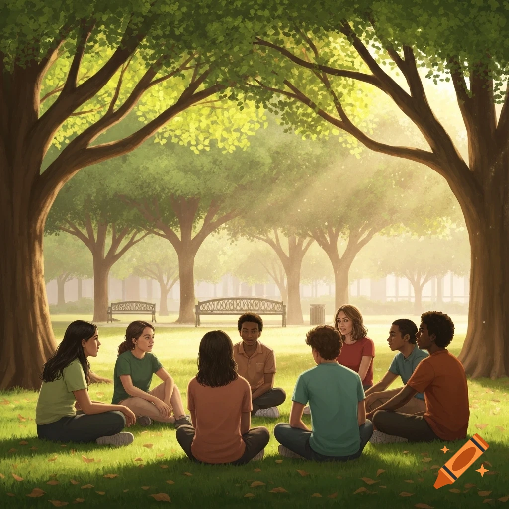 A diverse group of eight young adults and teenagers sits in a circle on the grass under sunlit trees in a park, talking.