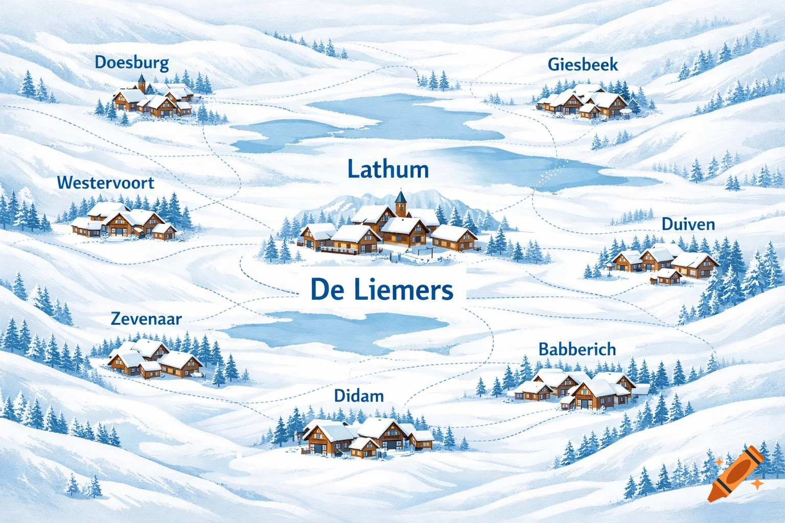 An illustrated map showing a snowy mountain landscape with several villages, lakes, and connecting dotted paths. Villages like Lathum and De Liemers are labeled in blue text.