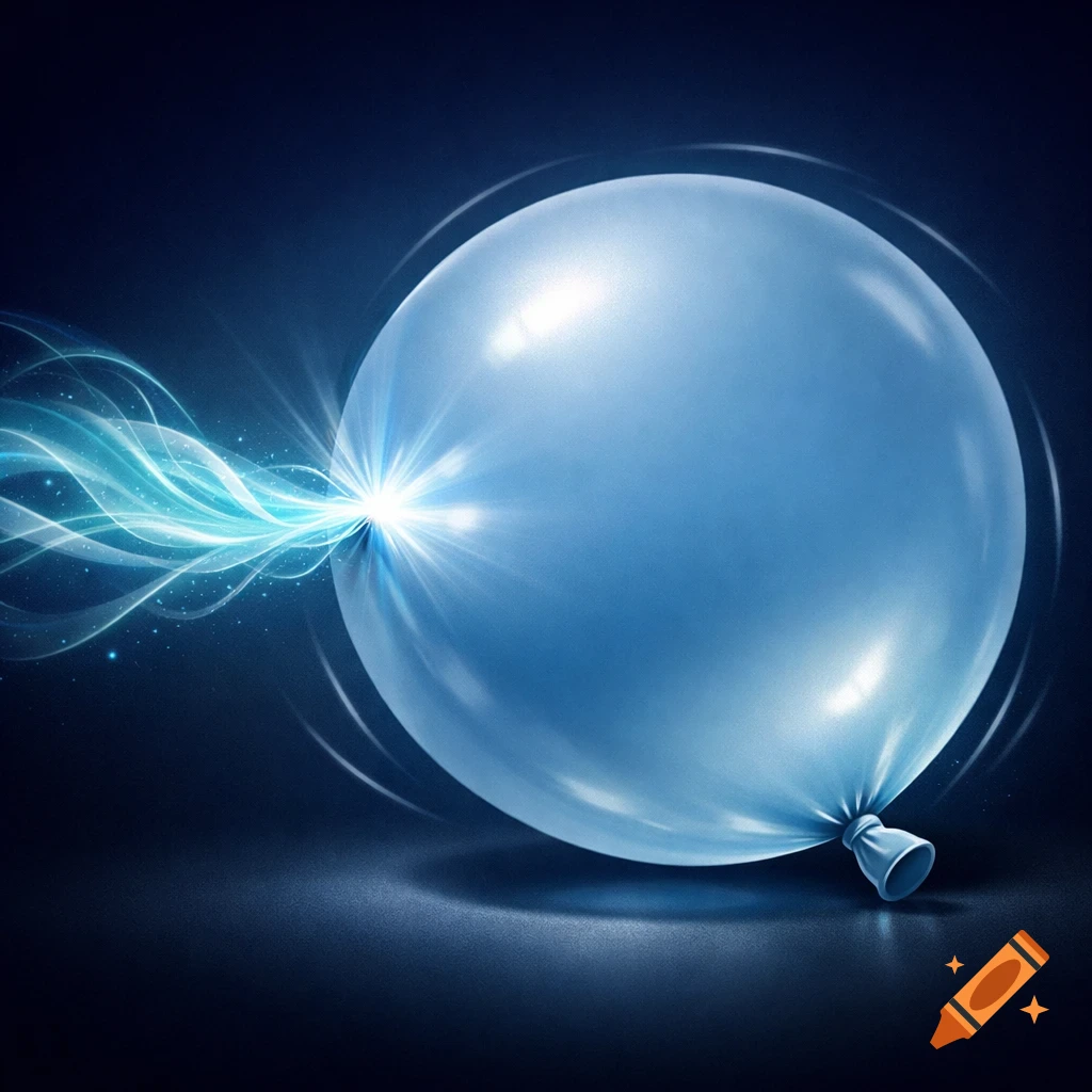 A glowing blue balloon with bright light emanating from a point on its surface, creating wavy energy trails against a dark background.