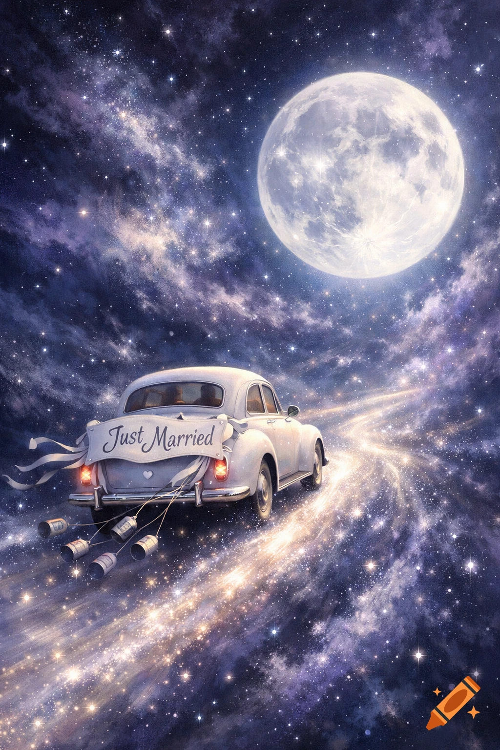 A white 'Just Married' car flies through a starry night sky with a large full moon, leaving a trail of light.