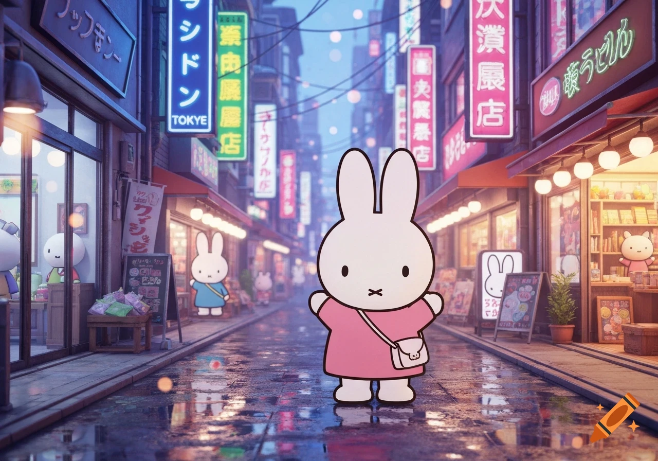 Miffy wearing a pink dress and a purse stands on a wet Tokyo street with neon signs and shops.