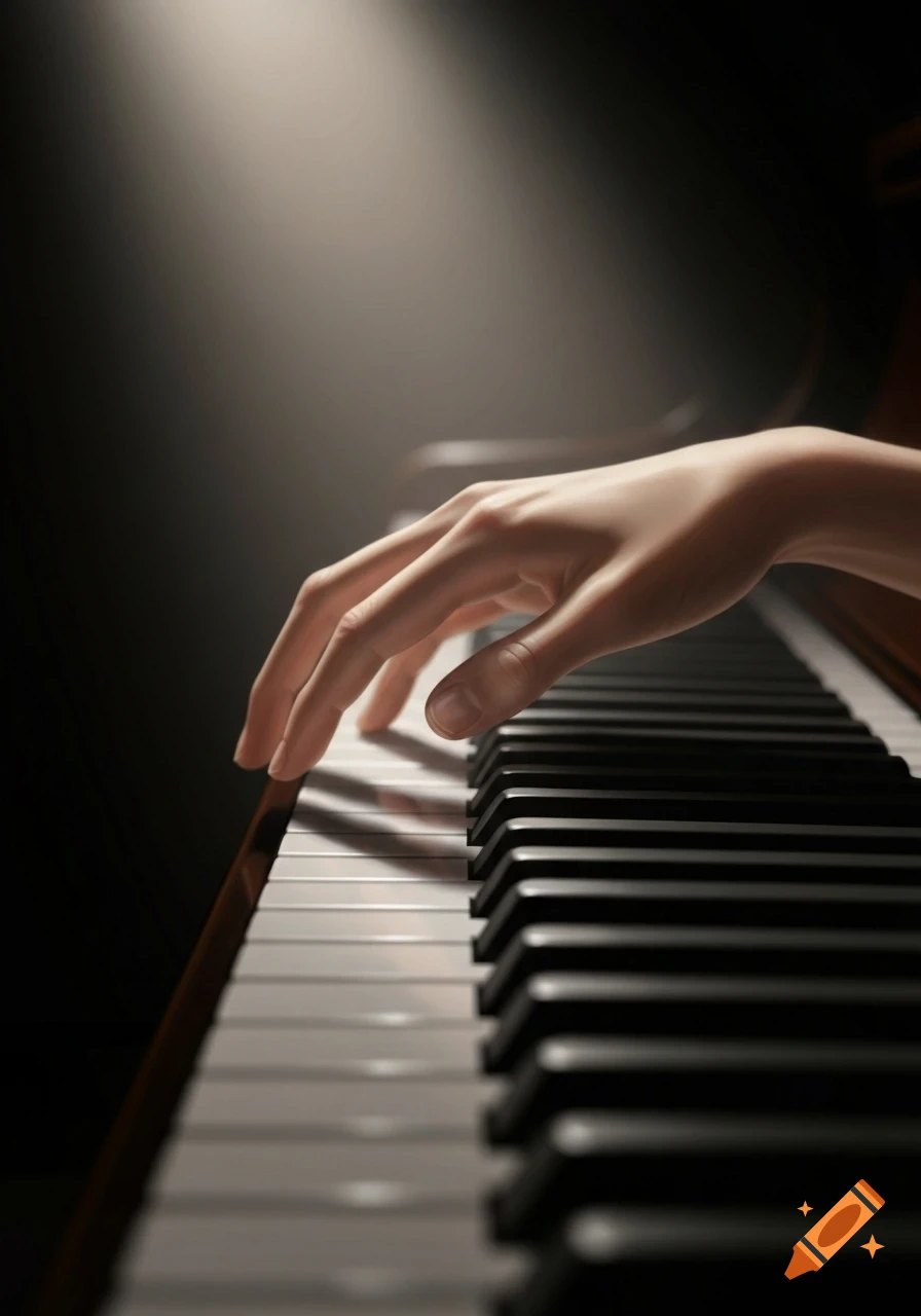 A delicate hand with elegant curvature poised over black and white piano keys, illuminated by a soft spotlight.