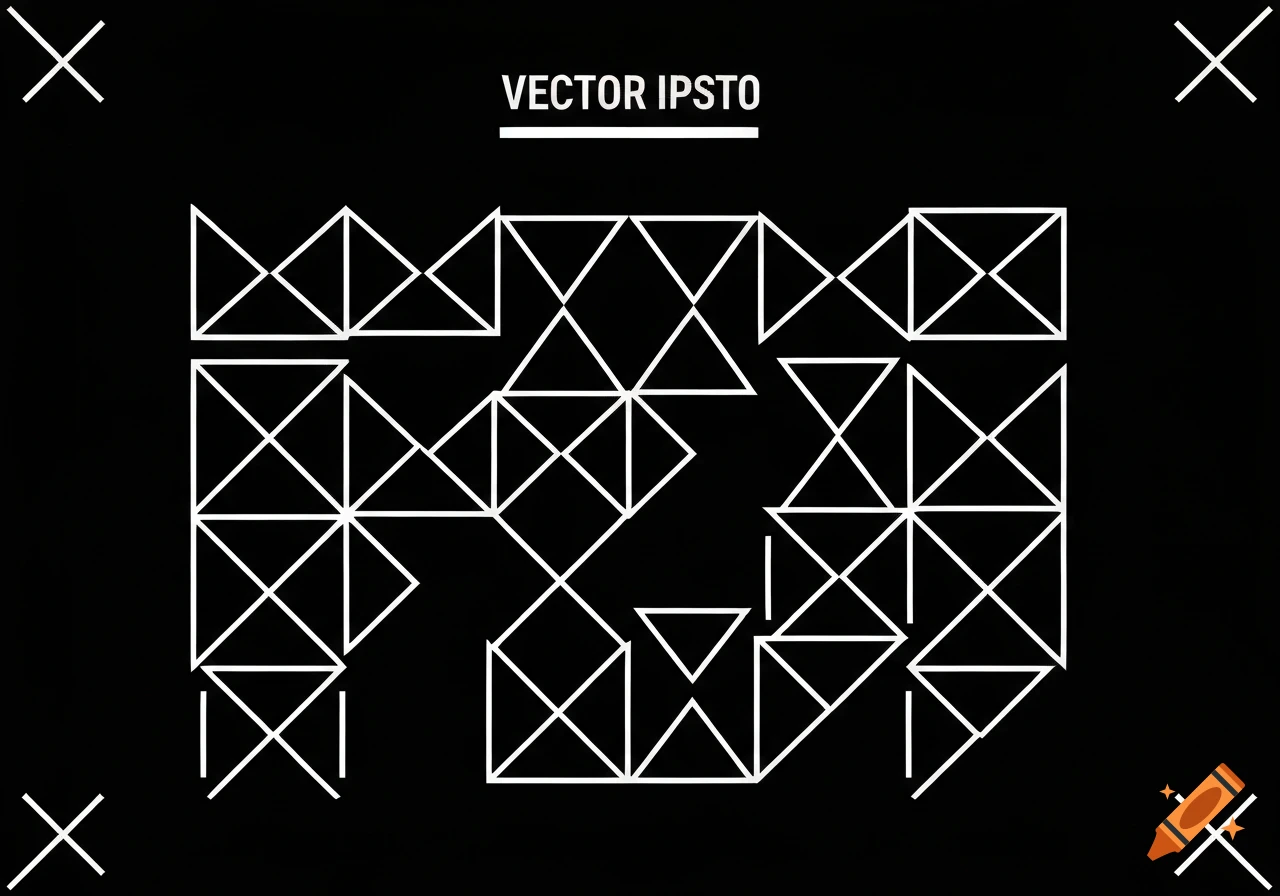 Minimalist black background with white geometric patterns formed by interconnected triangles and crosses, with 'VECTOR IPSTO' text at the top.