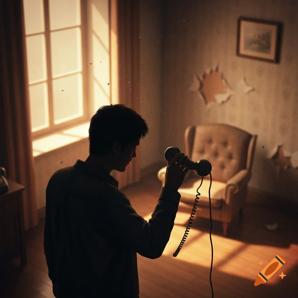 A man in silhouette holds a vintage phone receiver in a dimly lit, slightly decaying room with sunlight streaming through a large window.