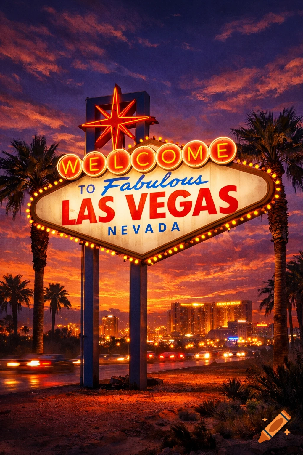 The 'Welcome to Fabulous Las Vegas Nevada' sign glowing at sunset with palm trees and city lights in the background.