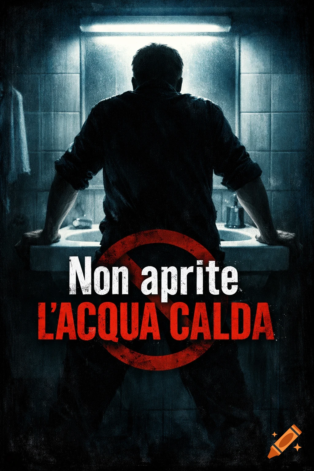 Dark movie poster of a man leaning over a bathroom sink, with the title Non aprite L'ACQUA CALDA and a prohibition symbol.