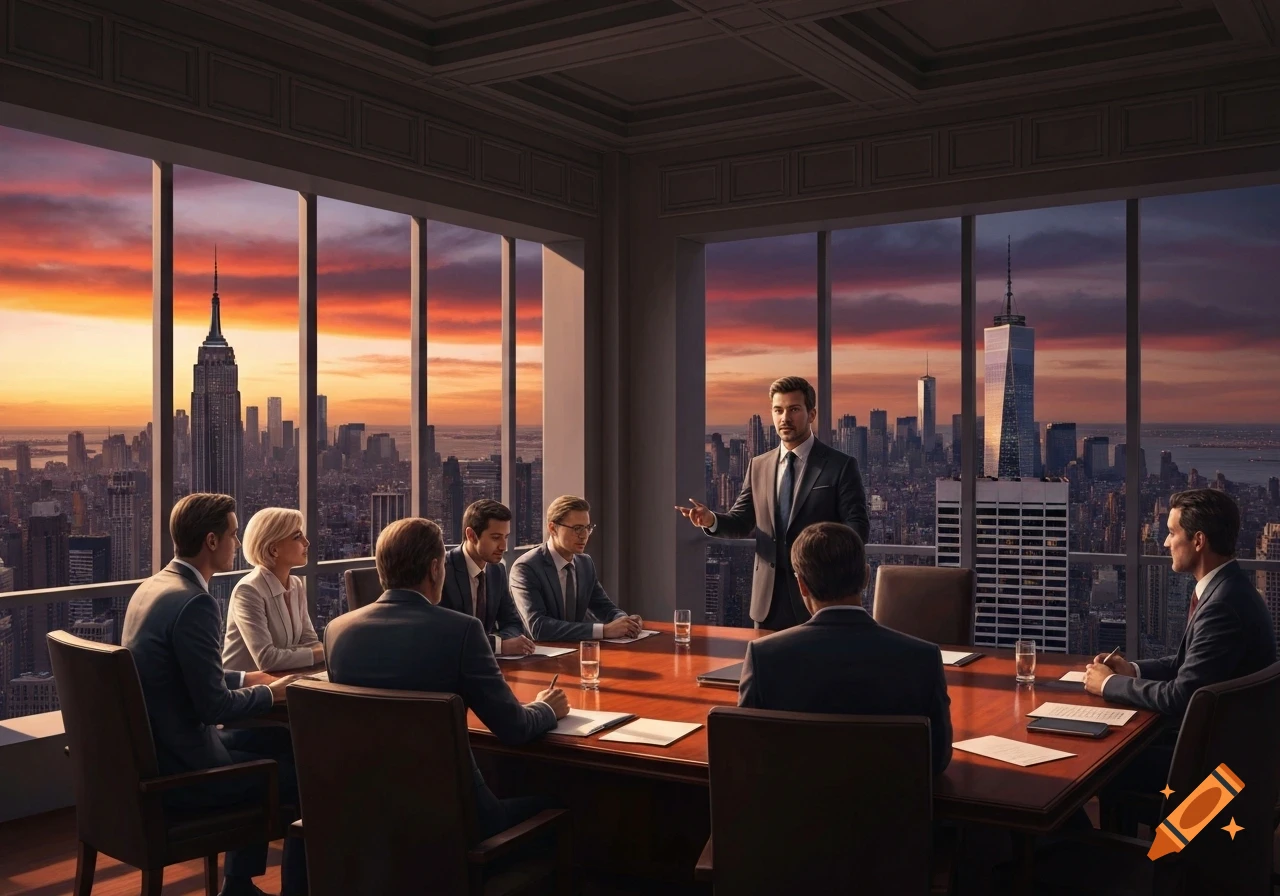 A photorealistic image of a CEO leading a board meeting in a skyscraper overlooking the New York City skyline at sunset.