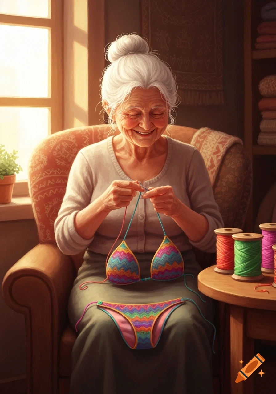 A smiling old lady with white hair knitting a colorful zigzag-patterned bikini while sitting in an armchair by a sunlit window.
