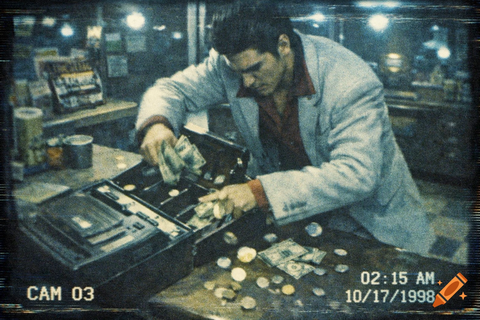 A grainy CCTV image captures a man in a white jacket and red shirt hunched over a cash register, taking money and coins.