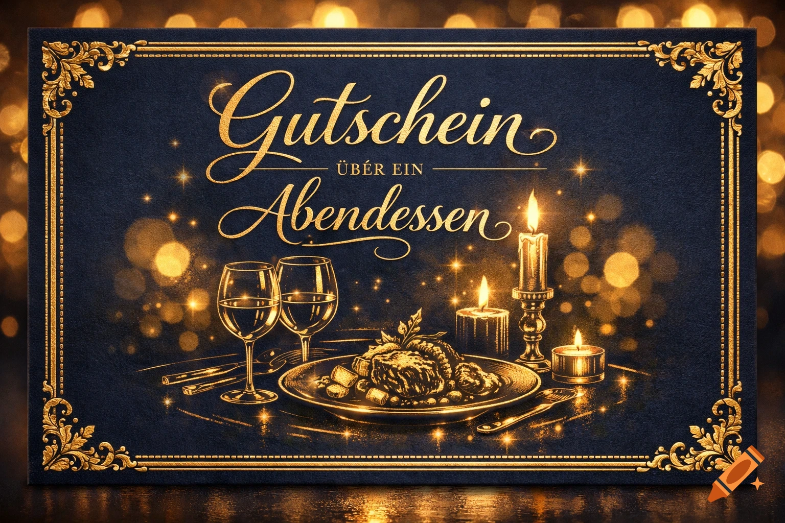 Elegant gold and dark blue gift certificate for a dinner, featuring "Gutschein über ein Abendessen" text, wine glasses, food, and lit candles against a bokeh background.