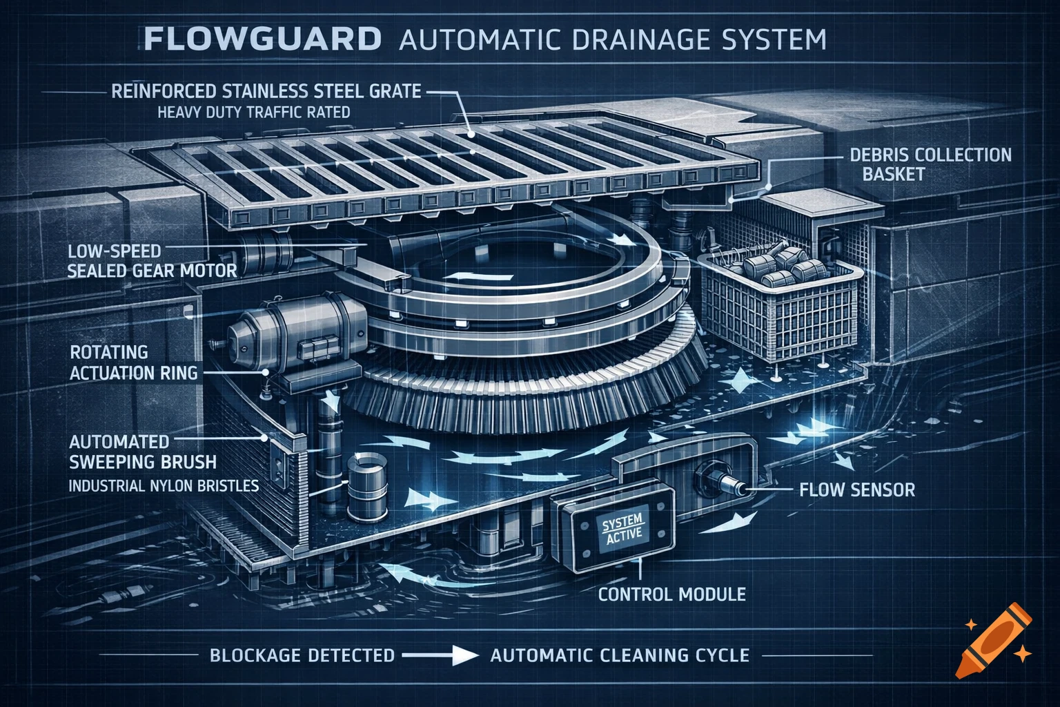 Detailed blueprint of a FlowGuard automatic drainage system with labels for its components like the grate, motor, sweeping brush, debris basket, and control module.