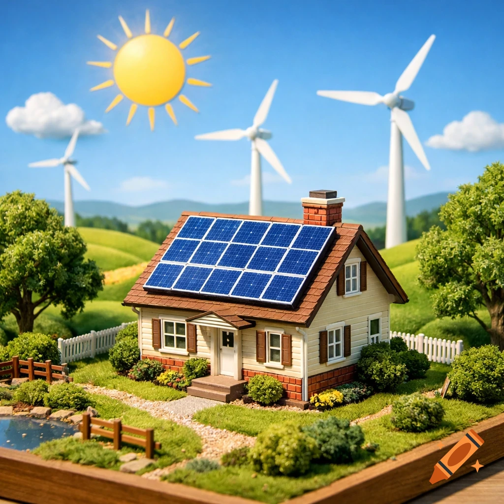 A detailed miniature model of a house with solar panels, surrounded by green fields, trees, a pond, and wind turbines under a sunny blue sky.