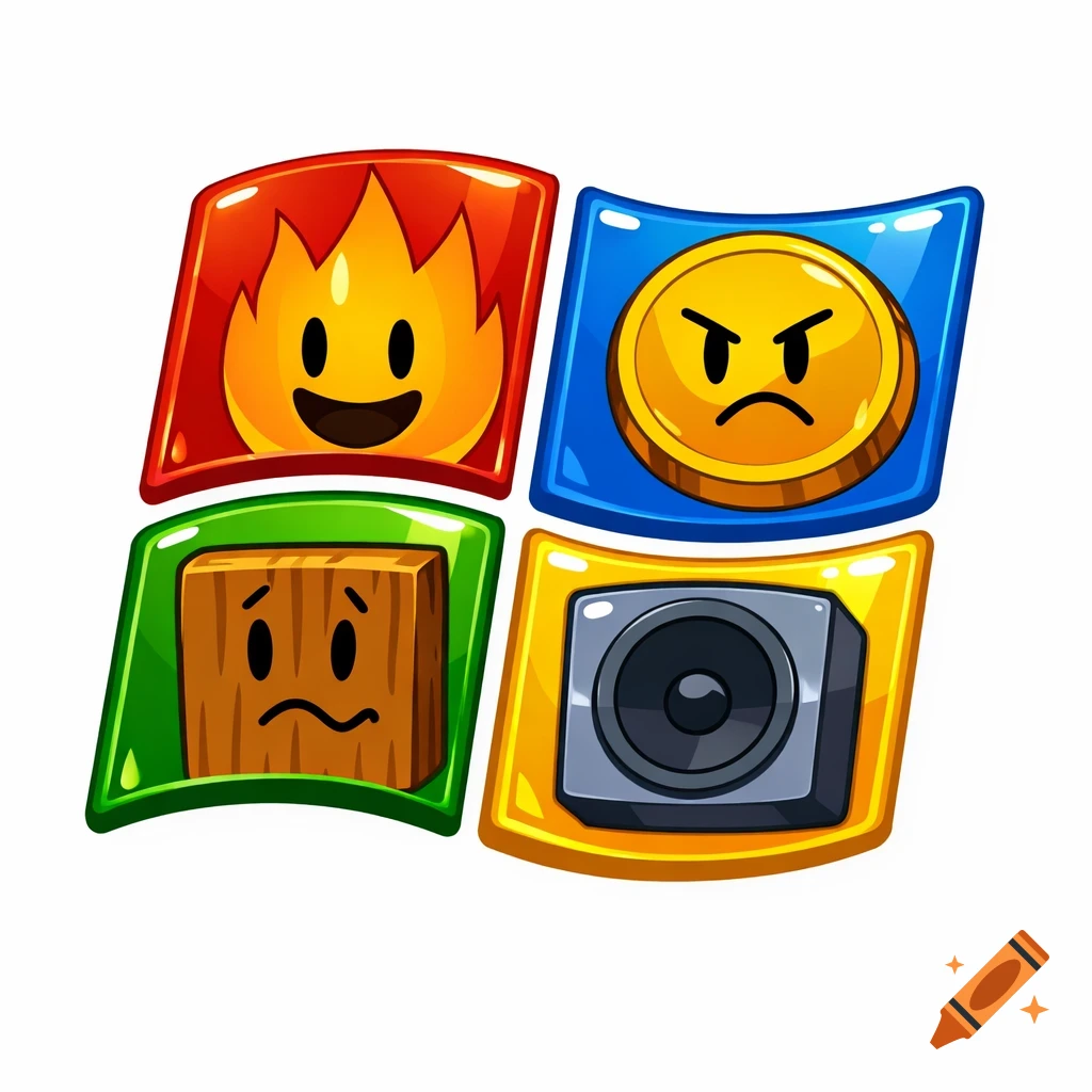 A colorful, stylized logo resembling the Windows logo, featuring four square panels: a happy flame, an angry coin, a sad wooden block, and a speaker.