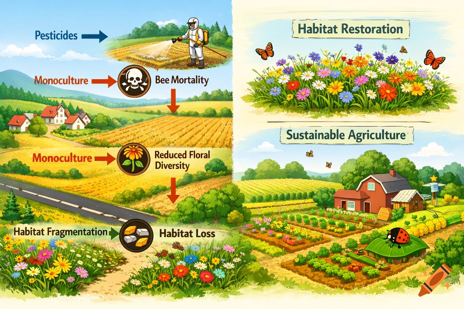 An illustrated diagram showing the negative impacts of human activities like pesticides and monoculture on pollinators, and solutions like habitat restoration and sustainable agriculture.