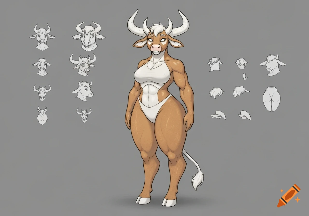 An anthropomorphic cow fursona reference sheet with a muscular female character in white swimwear, surrounded by sketches of her head, hair, and rear view.