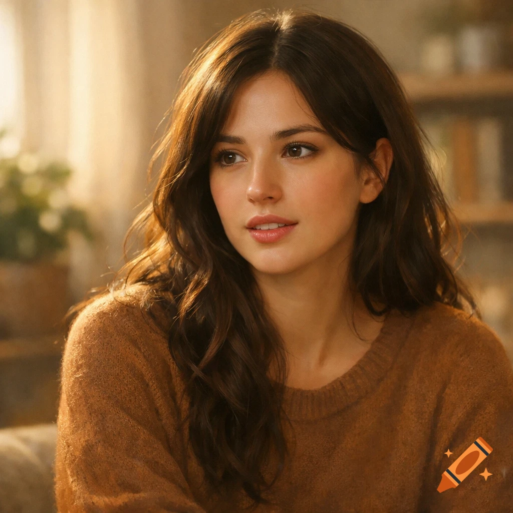 Photorealistic close-up of a young woman with long brown hair and a ...