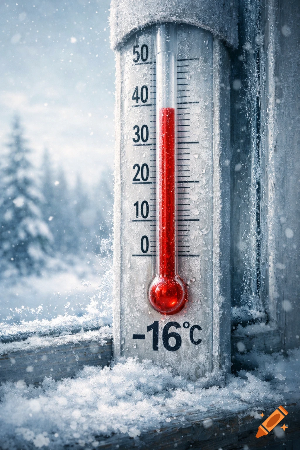 A frost-covered thermometer displaying -160C, with a snowy winter landscape in the blurred background.