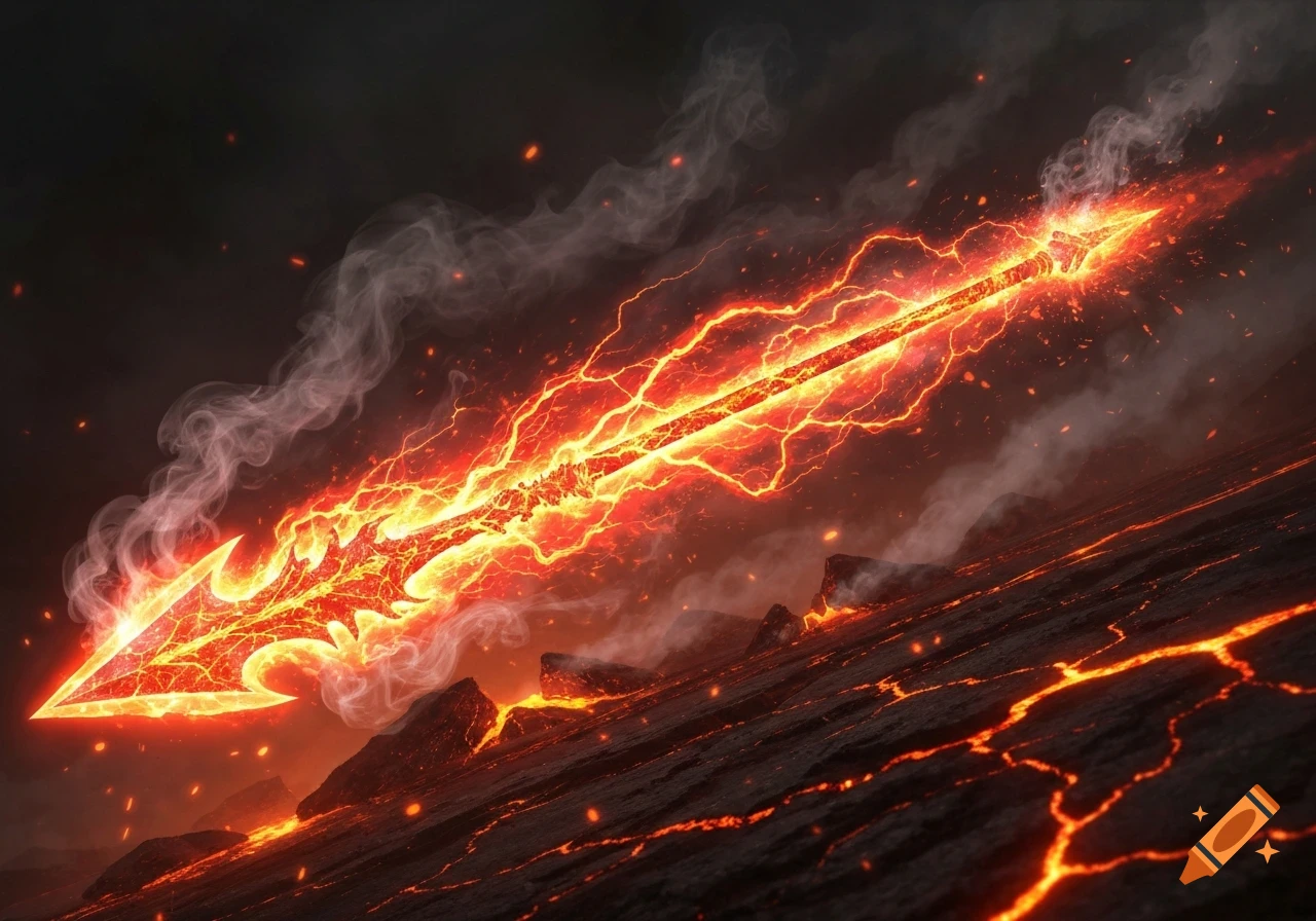 A glowing, electrical fire spear lies angled across a dark, molten lava landscape with smoke.