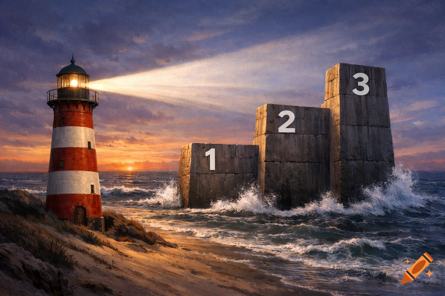 A red and white lighthouse on a sandy beach with crashing waves next to three concrete dikes numbered 1, 2, and 3, against a sunset sky.
