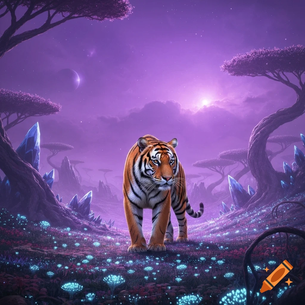 A tiger stands on an alien planet, surrounded by glowing blue plants and crystals under a vibrant purple sky with a moon, in a fantasy art style.