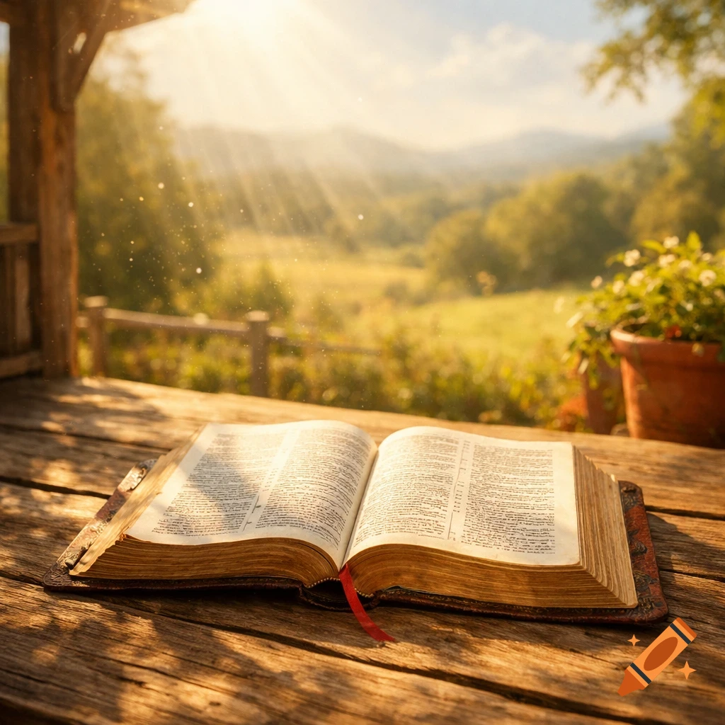 An open bible with a red bookmark sits on a wooden porch table, bathed in sunlight, overlooking a lush green valley.