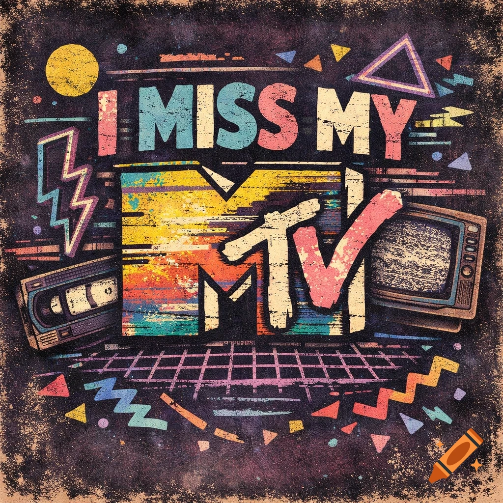 Colorful retro-style graphic with distressed texture, featuring "I MISS MY MTV" text, a VHS tape, an old TV, and abstract shapes.
