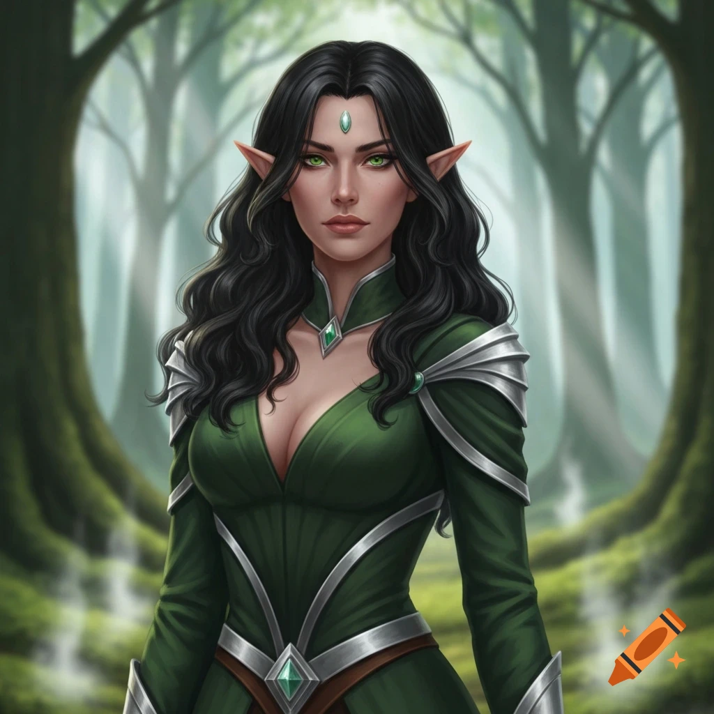 A female elf with black wavy hair, green eyes, and pointed ears wears a green and silver outfit in a misty forest.