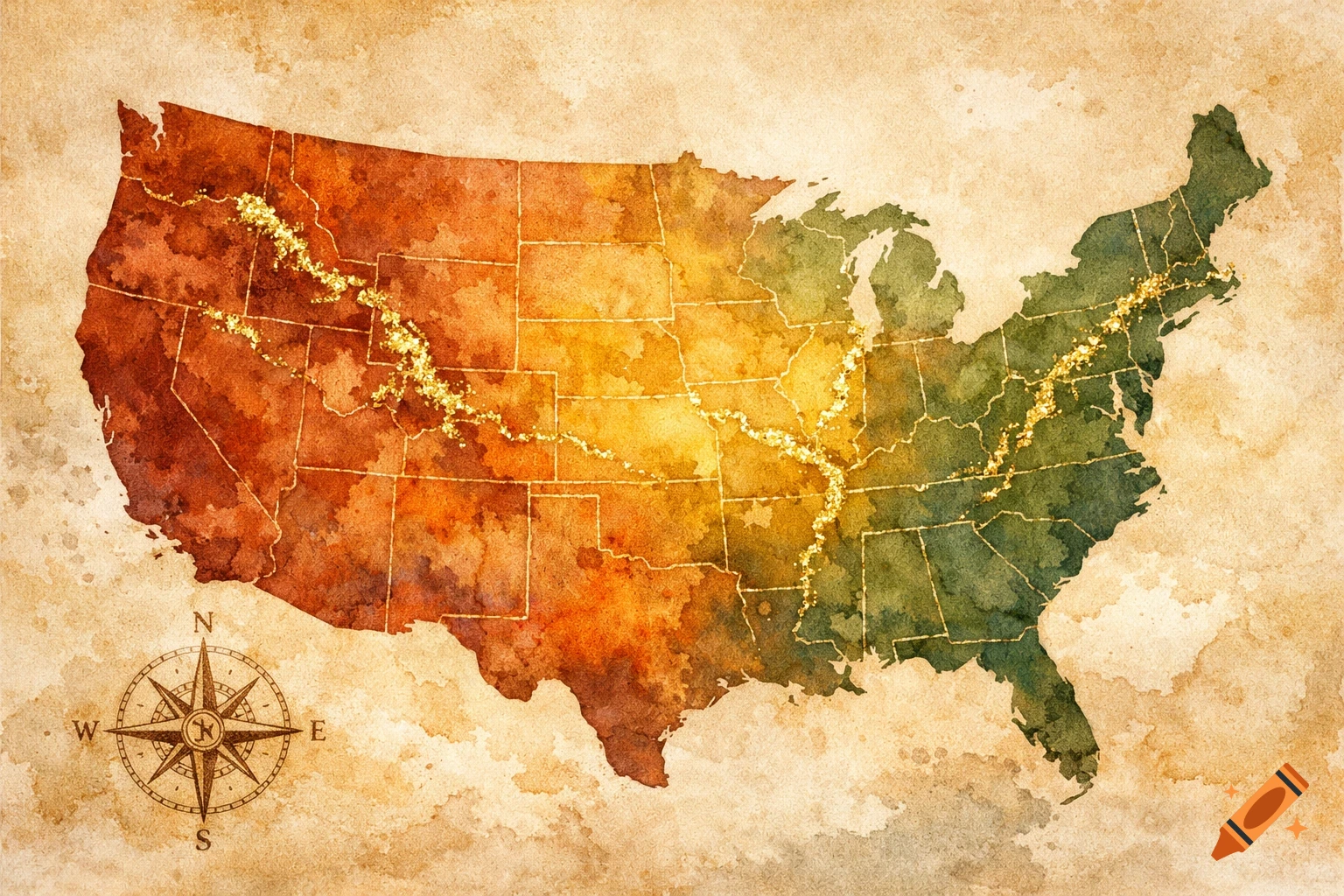 Watercolor map of the United States with glittery paths crossing the country, and a compass rose in the corner.
