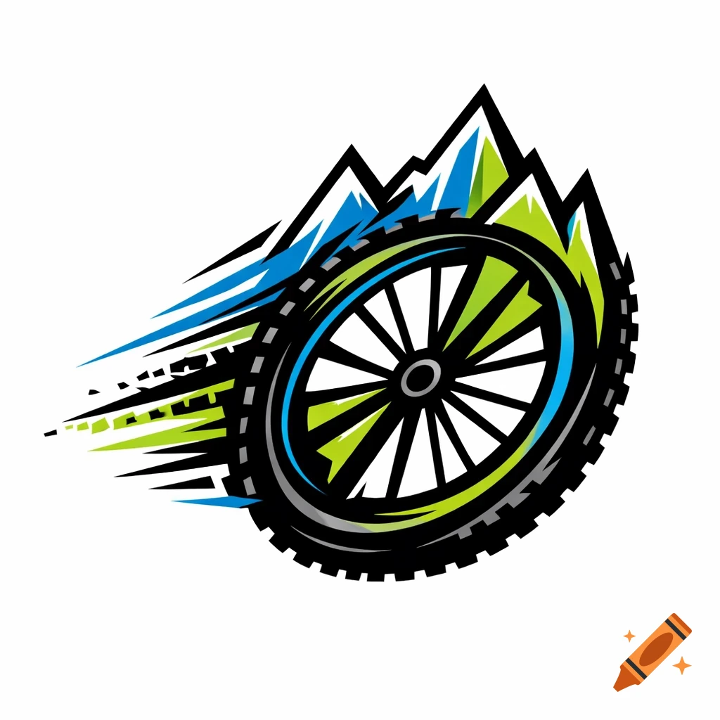 Stylized logo of a bicycle wheel with green and blue mountains and speed lines against a white background.