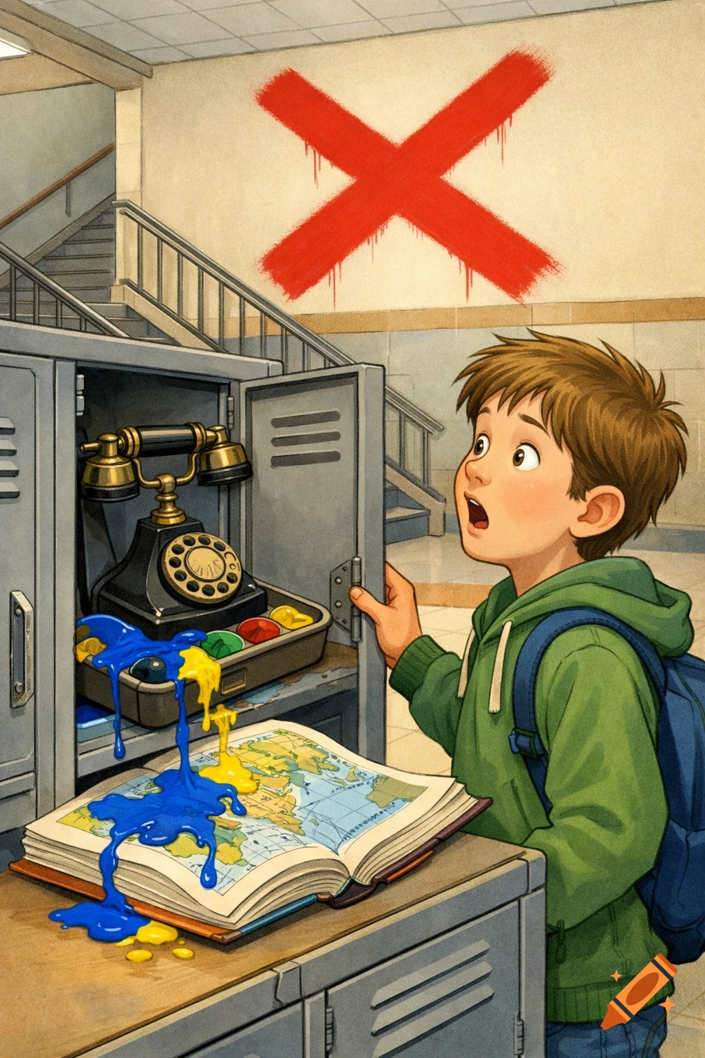 An illustration of a boy in a school hallway, shocked by an old phone spilling paint onto a map textbook in his locker, and a red X on the wall.