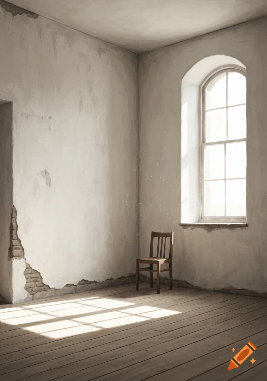 An empty room with peeling plaster walls, exposed brick, a wooden floor, an arched window, sunbeams, and a single wooden chair.