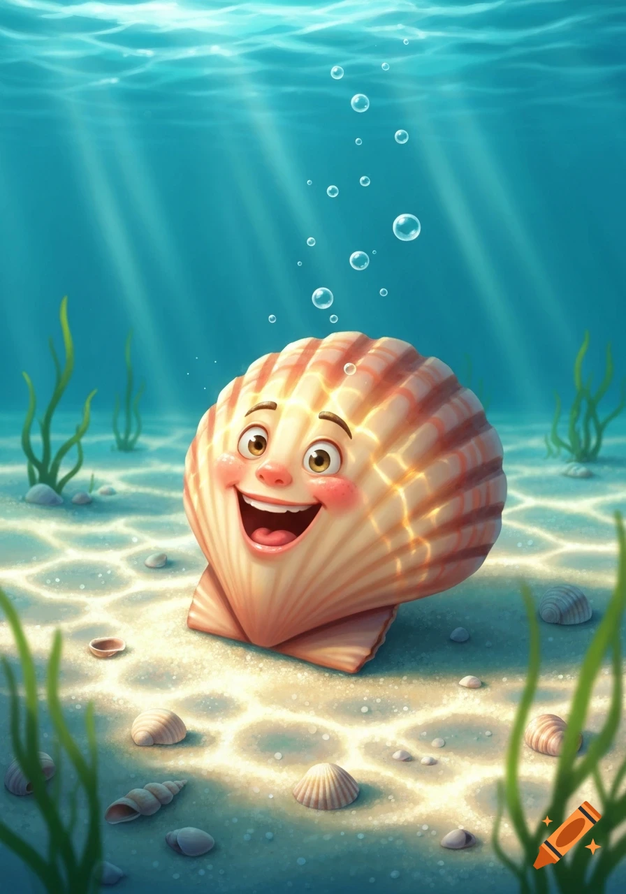 A smiling cartoon scallop with rosy cheeks on a sandy ocean floor, bathed in sunlight, with bubbles rising.