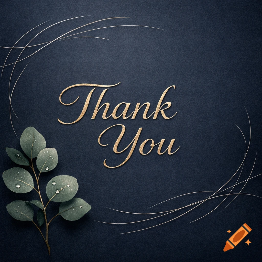 Elegant thank you card with gold script text and a sprig of eucalyptus leaves with water droplets on a dark blue background.