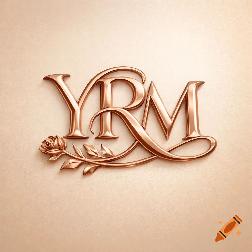 Elegant rose gold YRM monogram logo with a floral flourish on a warm beige background, 3D rendering.