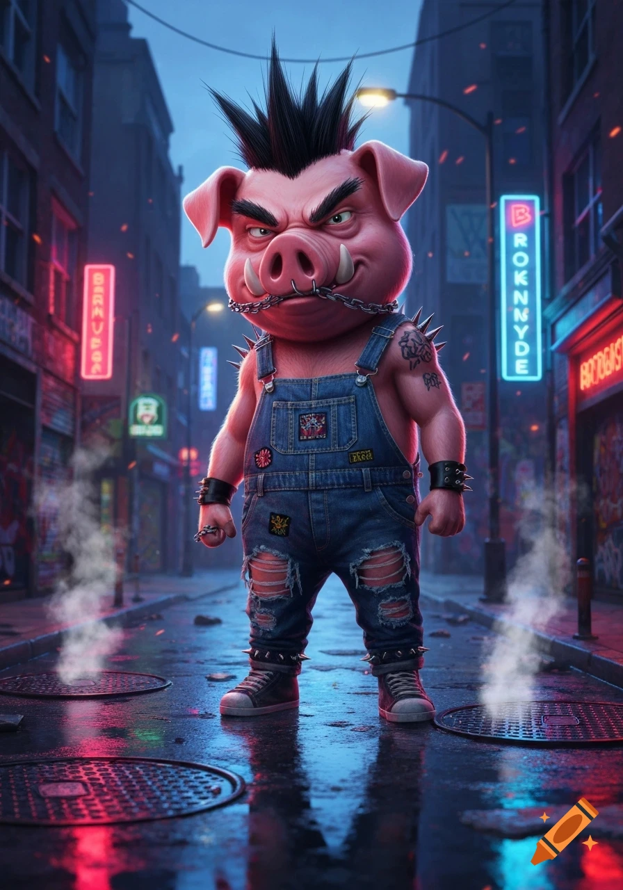 A pink pig character with a black mohawk, chains, spiked collar, and ripped denim overalls stands on a wet, neon-lit city street at night, with steam rising from manholes.