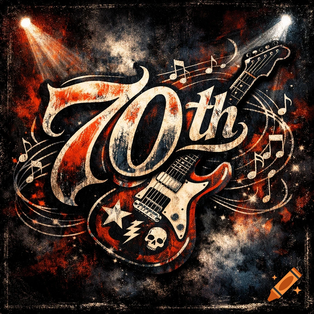 Stylized rock-themed graphic featuring '70th' text, an electric guitar, musical notes, and a skull on a grunge background.