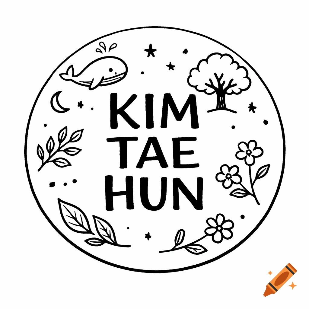 A black and white circular illustration features 'KIM TAE HUN' text surrounded by a whale, tree, leaves, flowers, moon, and stars.