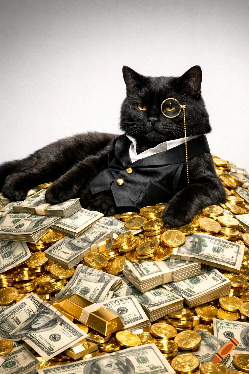 A sophisticated black cat wearing a suit and monocle lies on a large pile of dollar bills and gold coins, with gold bars scattered around.