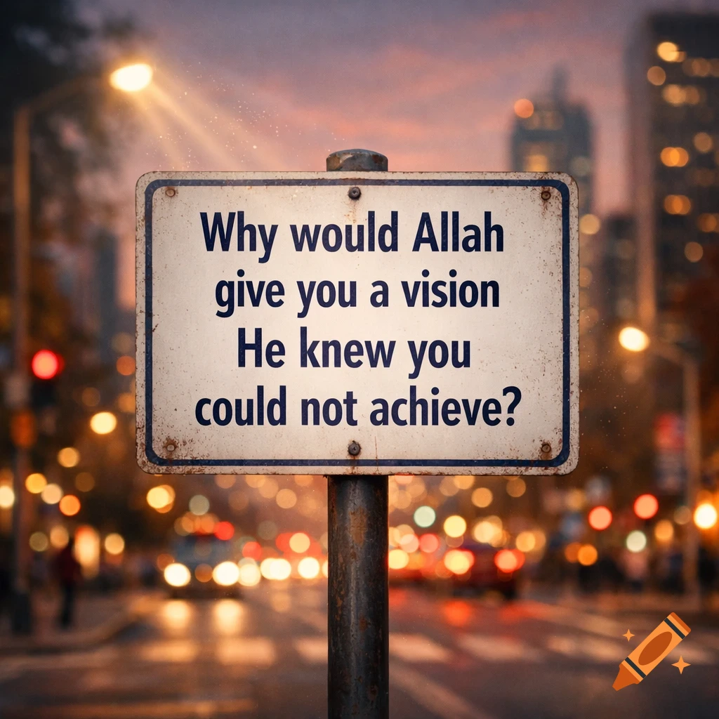 A white road sign with the text "Why would Allah give you a vision He knew you could not achieve?" stands in a city street at dusk, with blurred car lights and buildings in the background.
