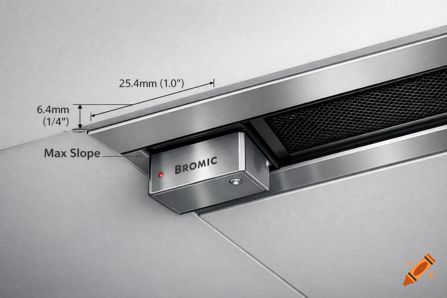 A close-up shot of a silver Bromic heater recessed into a ceiling, showing technical dimensions for max slope.