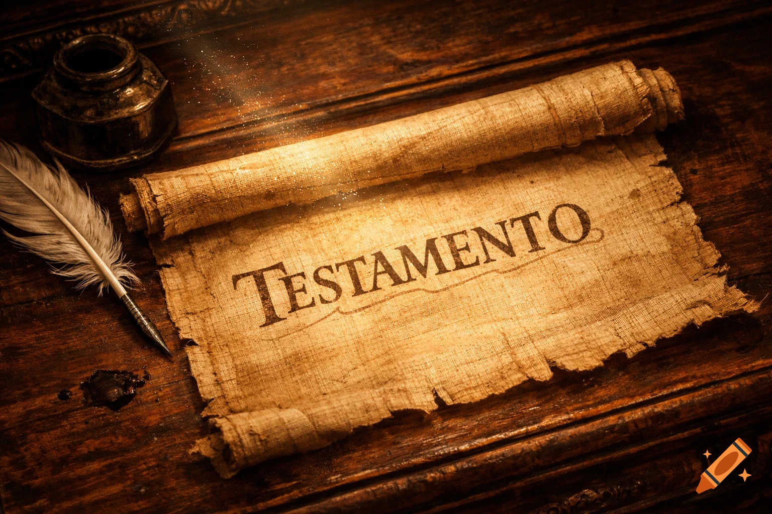 An antique papyrus scroll with the title TESTAMENTO, a quill pen, and an inkwell on a wooden desk.
