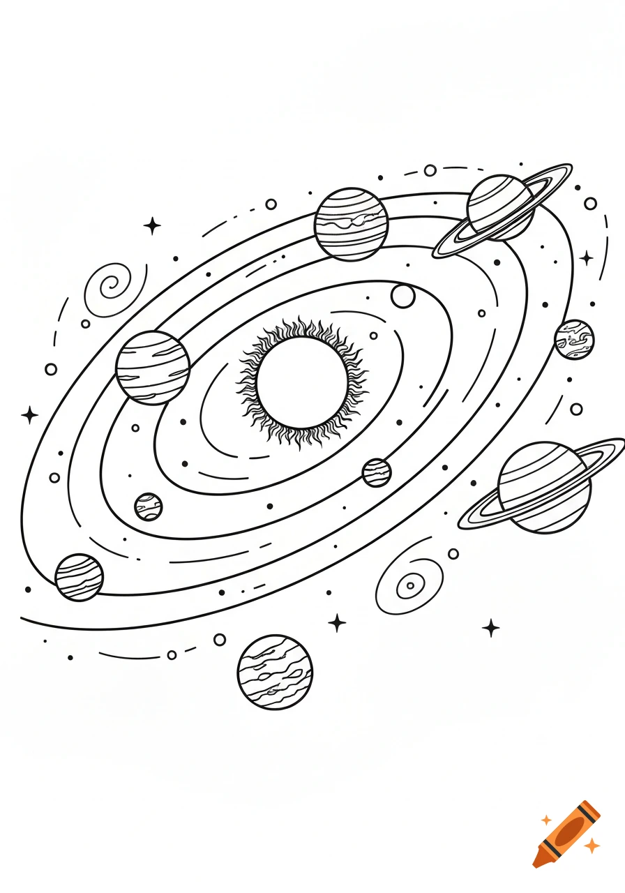 A black and white coloring page style sketch of the solar system with the sun at the center, surrounded by planets and orbits.