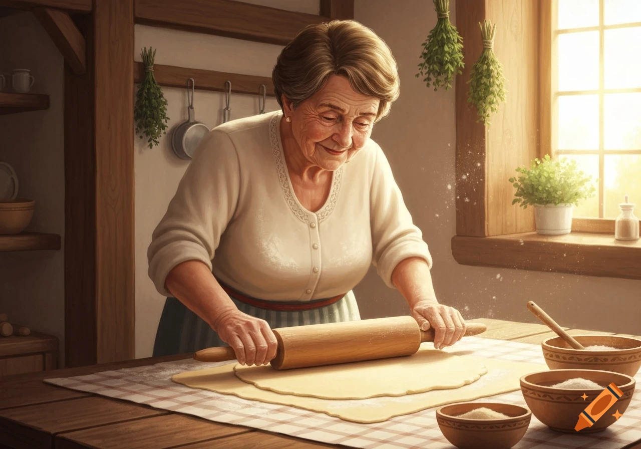 An elderly woman with short brown hair smiles while rolling out dough on a wooden table in a sunlit kitchen.