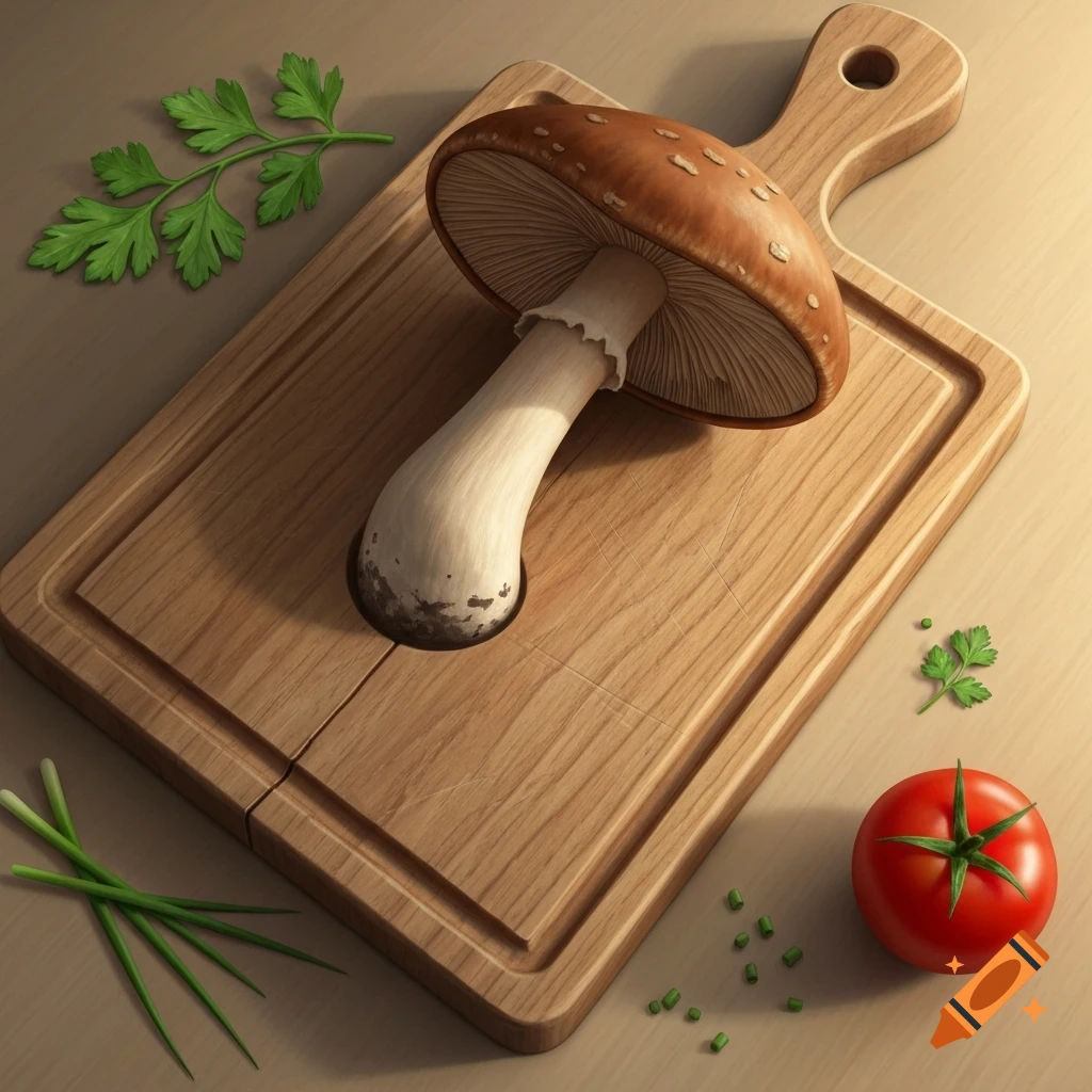 A large mushroom with a brown cap and white stem appears embedded in a wooden cutting board, surrounded by fresh parsley, green onions, and a red tomato.