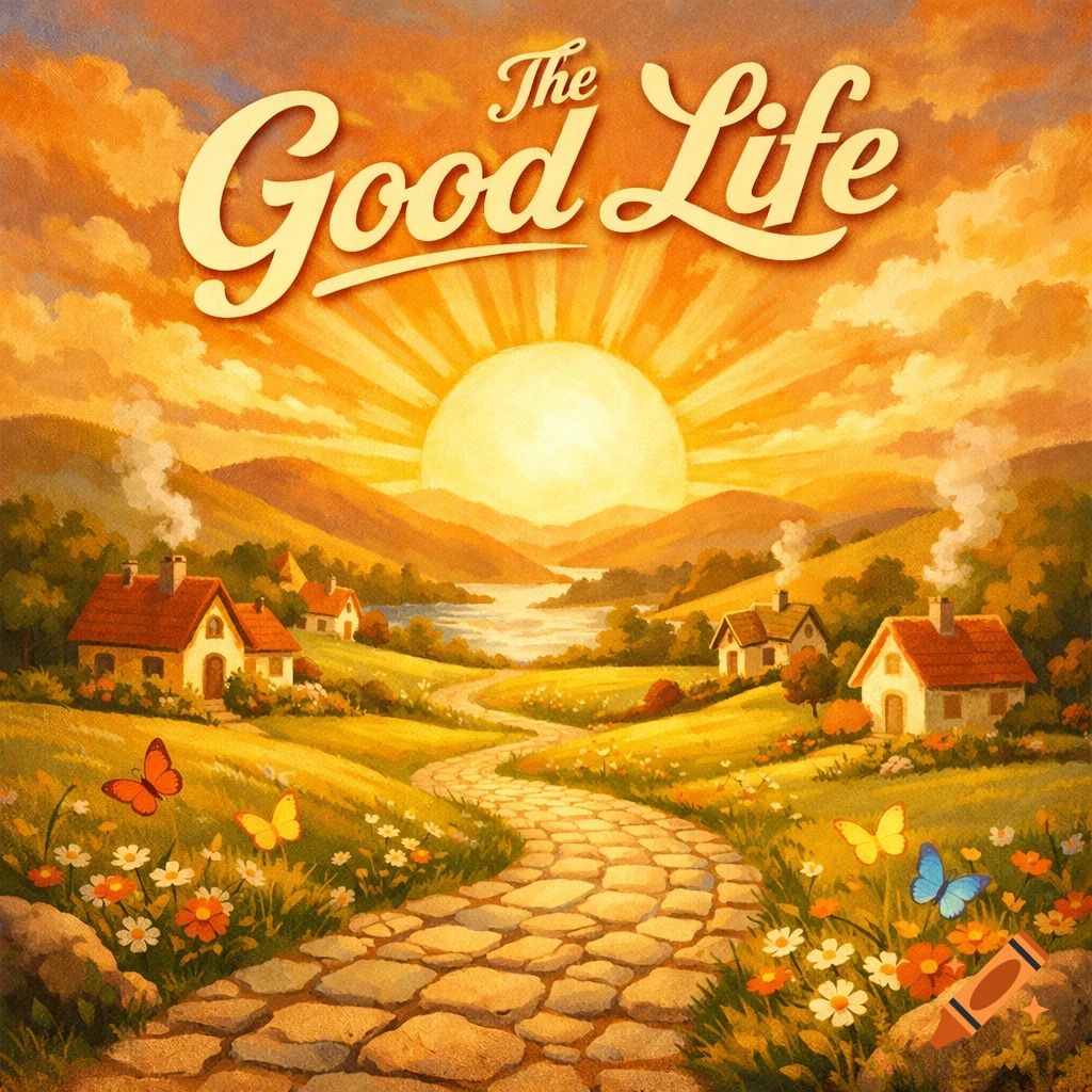 A vibrant painting of a sunny valley with a winding cobblestone path, cozy cottages, butterflies, and a lake, titled "The Good Life".