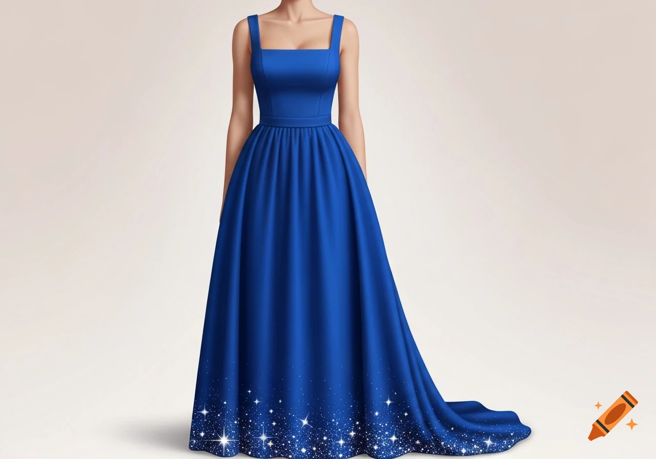 A royal blue, sleeveless formal dress with a square neckline, fitted bodice, and a full skirt adorned with sparkling stars at the bottom.